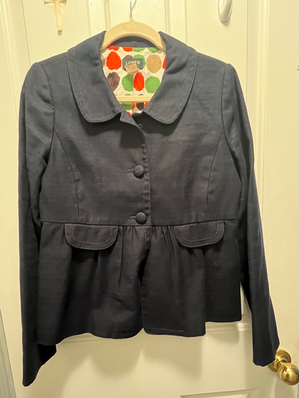 J. Crew Navy Peplum Blazer with Polka Dot Lining